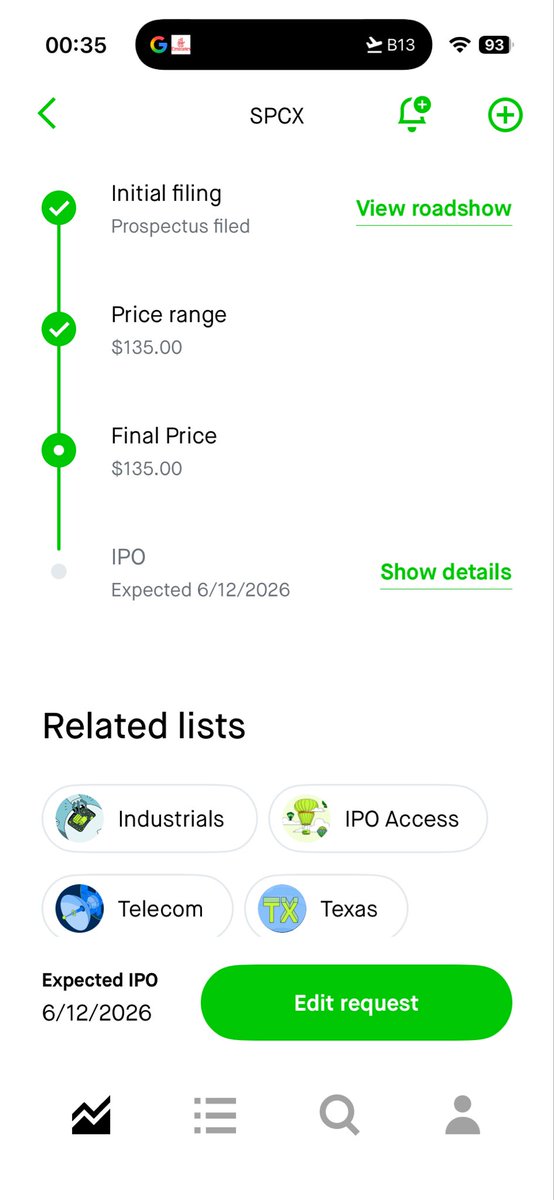 matigary's tweet photo. Robinhood says price is set at $135, now waiting for my @SpaceX shares allocation ✊✊

Adding more value to the portfolio ✊✊ https://t.co/309TuhLnHr