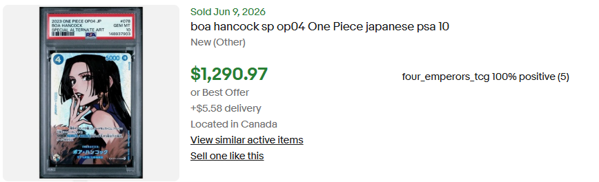 tcgoutpost's tweet photo. The OP-09 Boa Hancock SP PSA 10 is selling at the same price as the JP OP-04 version right now.

This is a beautiful entry point. Don't say I didn't tell you. 

#OnePiece #TCG https://t.co/ZVvITdheMo