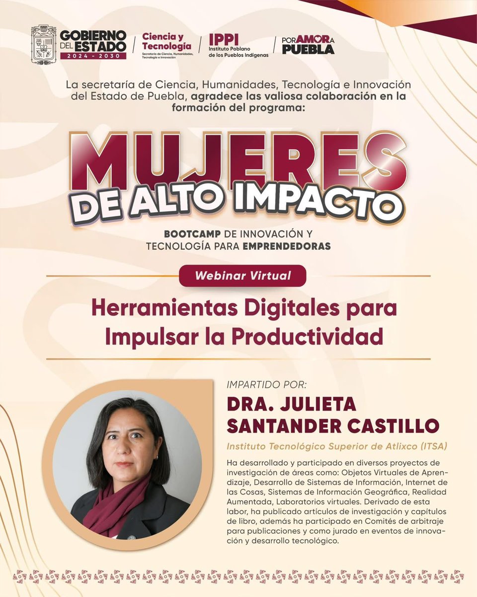 SecihtiGobPue's tweet photo. Como parte del Bootcamp de Mujeres de Alto Impacto, se realizó la mentoría 💻✨ Herramientas Digitales para Impulsar la Productividad, impartida por la 👩‍🏫 Dra. Julieta Santander Castillo y la 👩‍🏫 Mtra. Yuridia Ramírez Chocolatl. https://t.co/cHnIzB2Qku