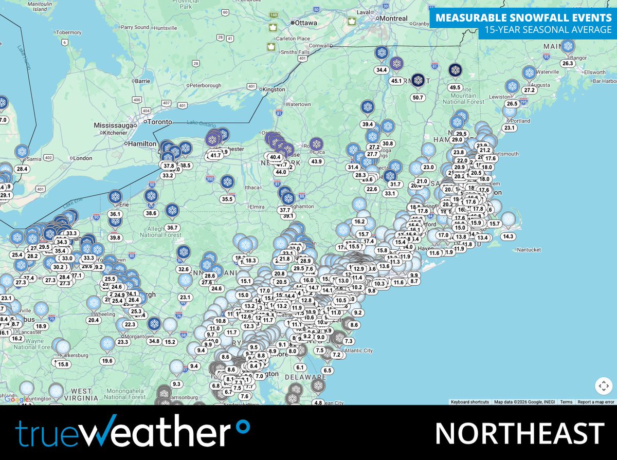 MarkShanaberger's tweet photo. Average seasonal snowfall can be difficult to translate into operational demand. trueWeather’s 15-year Snow &amp; Ice Climatology Reports provide location-specific insight into #MeasurableSnowfall and #ServiceableEvents. Learn more at https://t.co/DQej7pbRx2 https://t.co/TZr9Fk3dXz