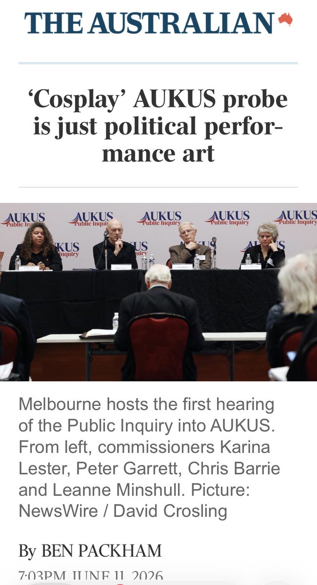 DougCameron51's tweet photo. As the AUKUS debacle is exposed by evidence to the public inquiry the Murdoch press attacks the commissioners and the process.
No mention of the evidence that democracy has been trashed, the US and UK cannot deliver, our sovereignty is abandoned and we are subjugated to the US. https://t.co/Z8nke1Ya6O