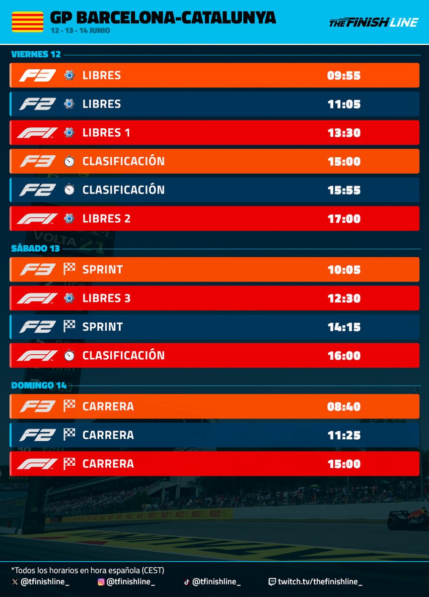 TFinishLine_'s tweet photo. ⏰ Los HORARIOS del finde del #BarcelonaGP 

💾 Guárdatelos para no perderte NADA

#F1 https://t.co/zBpX9aczBq