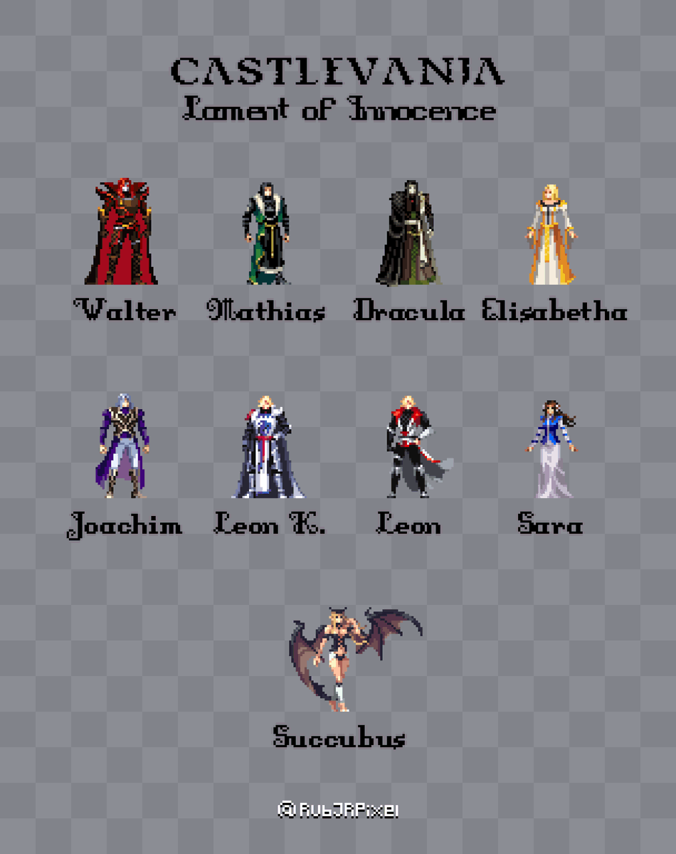 RubJRPixel's tweet photo. These are some of the main characters from Castlevania: Lament of Innocence, the title where the Belmont Clan emerged and Dracula was born. ⚔️🩸

#悪魔城ドラキュラ #castlevania #LamentOfInnocence https://t.co/LtGeOwcBUH