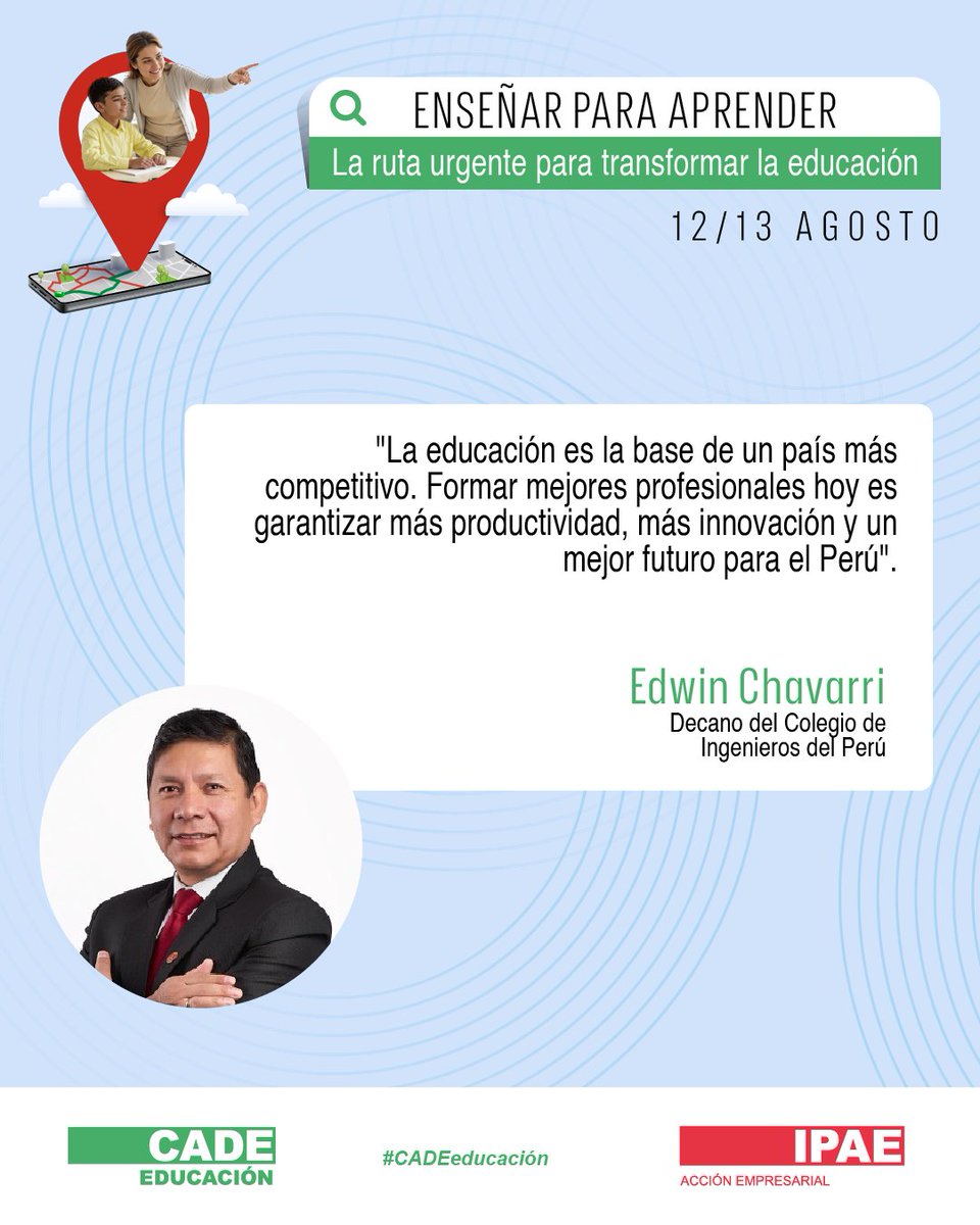 IPAEPERU's tweet photo. IPAE Acción Empresarial y el Colegio de Ingenieros del Perú -sede de #CADEeducación 2026- renovaron su alianza para seguir impulsando una mejor educación en el país, capaz de responder a los desafíos del aprendizaje, la formación docente y el avance tecnológico.

En la renovación del convenio estuvieron presentes Gonzalo Galdos, presidente de IPAE Acción Empresarial, y Edwin Chavarri Carahuatay, decano del Colegio de Ingenieros del Perú.

Estos fueron los mensajes que nos dejó la firma del convenio.

Descubre más en: https://t.co/wobJr4h32k

🗓️ 12 y 13 de agosto
📌 Auditorio “Ing. Antonio Blanco Blasco” del Colegio de Ingenieros del Perú