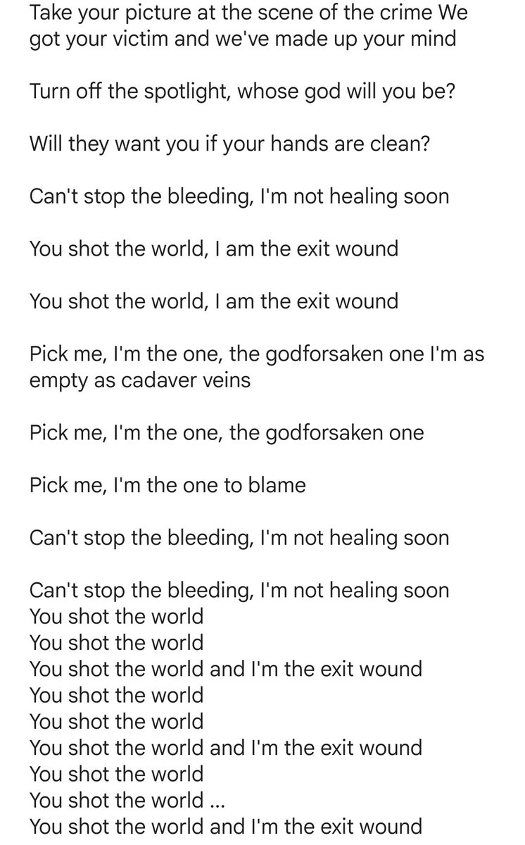 chibiimo1229's tweet photo. 【Exit Wound】Lyric(2)
添付画像をクリック☆
#Marilyn_Manson
#New_Single
#Exit_Wound https://t.co/IaRRVRhboj