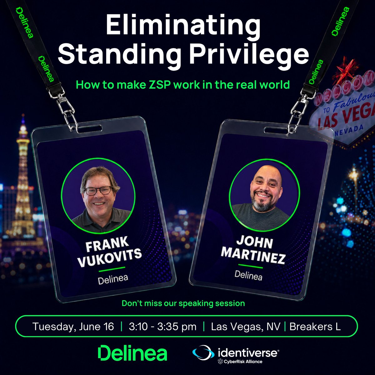 DelineaInc's tweet photo. ZSP, without the hand-waving.

Join Frank Vukovits and John Martinez at Identiverse for Eliminating Standing Privilege: How to make ZSP work in the real world.

📍 Room Breakers L
🗓 Tuesday, June 16
⏰ 3:10–3:35 pm https://t.co/FCMjtct0OL