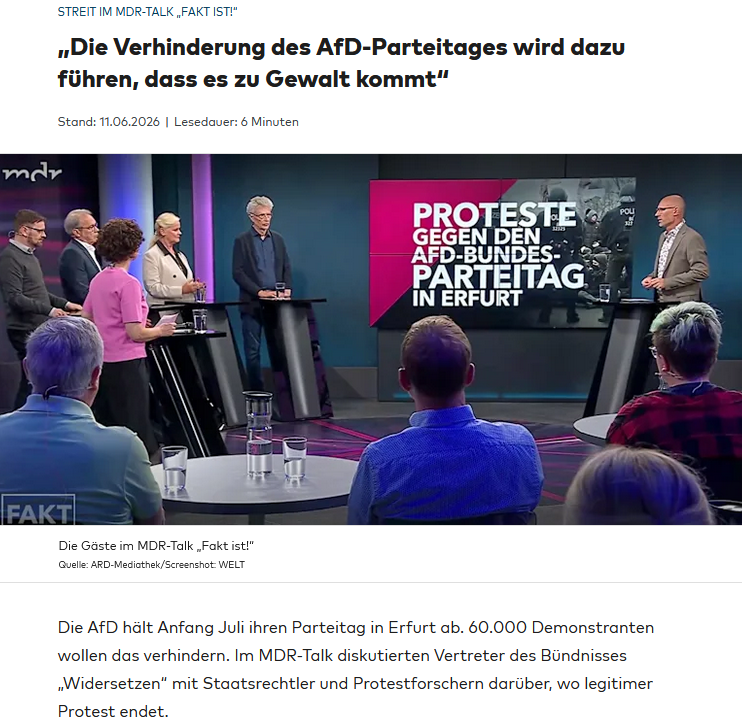 PeterBorbe's tweet photo. Erfurt wird Anfang Juli zu einem Kriegsgebiet werden, wenn Zehntausende Linksextremisten in der Stadt einfallen werden, um den Parteitag der größten Oppositionspartei in Deutschland zu sabotieren. Es wird geschlossene Schulen geben, gesperrte Straßen, ein riesiges Polizeiaufgebot – Millionen Euro Kosten für den Steuerzahler und eine Art Ausnahmezustand für die Bürger der Stadt. Und schon jetzt wird #Erfurt von den Linksradikalen mit Graffitis vollgeschmiert, was unter hohen Kosten wieder entfernt werden muss.
Und all das, weil eine Partei, die nicht nur dort in Thüringen stärkste Kraft ist, ihrer gesetzlich vorgeschriebenen Pflicht nachkommt, Parteitage zu veranstalten. Und die Krönung ist dann Thüringens Innenminister Georg Meier (SPD), selbsternannter Großinquisitor gegen die AfD, der nicht etwa den Massenaufmarsch Radikaler verurteilt, sondern die Partei beschimpft, die durch diesen Aufmarsch eingeschüchtert werden soll.
https://t.co/lL9CeGC1dV