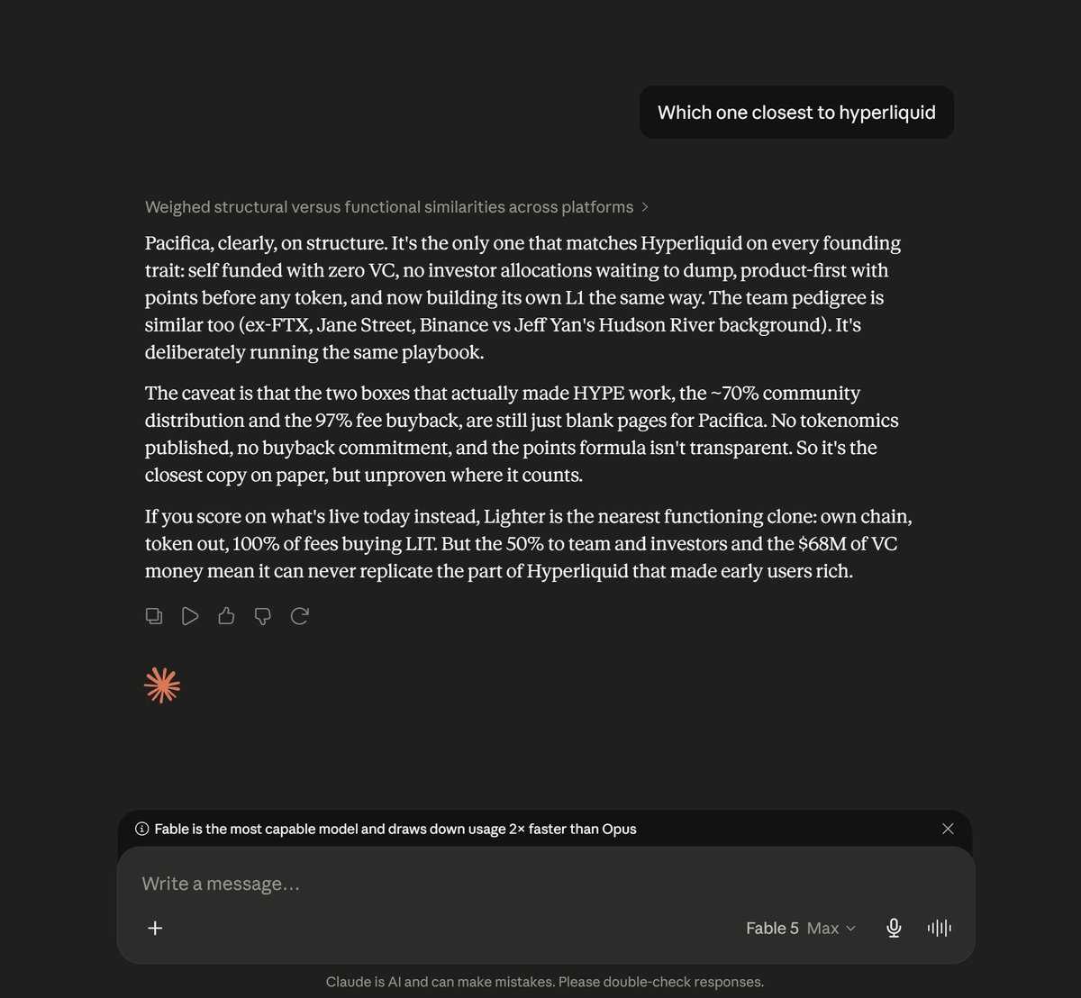 CaramelCoffee's tweet photo. For now. Bullish on Pacifica. It's slept on because not everyone wants to bridge to Solana. Long ago they didnt want to bridge to arbitrum to farm hyperliquid, today they dont want to bridge to Solana to farm Pacifica. People fumbled Hyperliquid because they thought it was a DEX not a chain.
