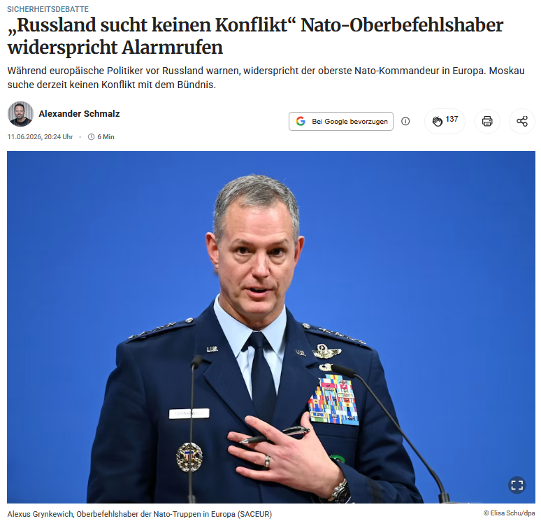 PeterBorbe's tweet photo. Während NATO-nahe Thinktank-"Experten" und europäische Politiker seit Jahren "Der Russe kommt" kreischen und hysterisch einen baldigen russischen Angriff auf Gesamteuropa an die Wand malen, ordnet der amerikanische NATO-Oberbefehlshaber für Europa, Alexus Grynkewich, die Sache differenzierter ein. Der stellt klar, dass die NATO auch heute schon, ohne weitere massive Aufrüstung, Russland in weiten Teilen überlegen ist und dass man das in Moskau auch weiß. „Russland sucht keinen Konflikt“ sagt der SACEUR-Oberbefehlshaber, und er sollte es wissen.
Pistorius & Co. sollten hier mal genauer hinhören!
https://t.co/rRKOwwPeLk