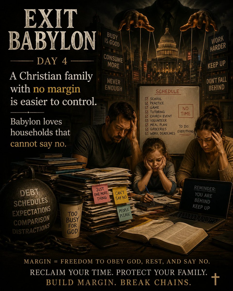 Xitbabylon's tweet photo. Exit Babylon, Day 4: 

A Christian family with no margin is easier to control. Babylon loves households that cannot say no.
#ExitBabylon #kingdomfinance https://t.co/3alyjjWVOu