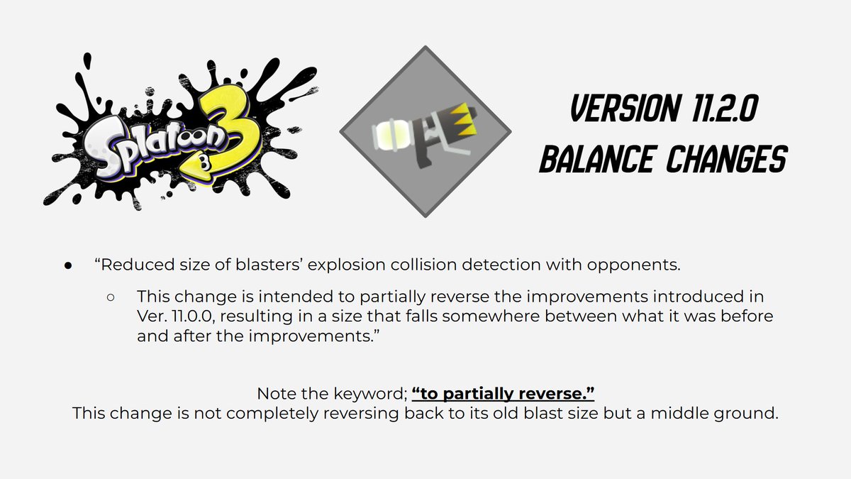 Dislike_starz's tweet photo. Patch 11.2.0 has dropped! In my opinion, I feel a bit mixed but overall positive. They nerf most of the problematic weapons but failed to give us any sort of real buffs.
I also want to thank Inkipedia (@splatoonwiki) editors for putting the 11.2.0 changes!
#splatoon
(1/4) https://t.co/Aj0a1O8mBF