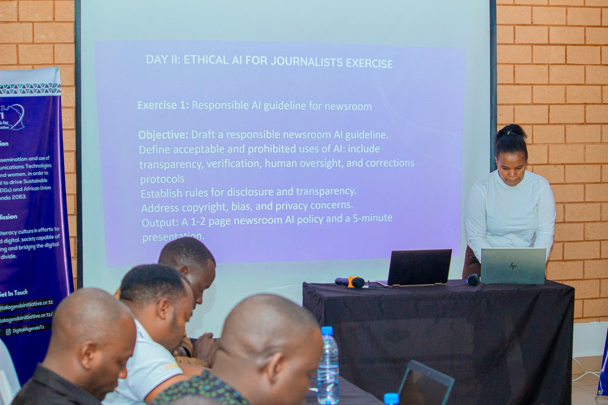 DigitalAgendaTz's tweet photo. 📍 Day Two Highlights : Use of AI to Strengthen Ethical Journalism and Civic Media Training in Tanzania. 

As Project Lead and Core Facilitator, Bonface Witaba led the hands-on practical sessions on Generative AI, translating theory into real-world application. Participants were divided into Journalism and CSO clusters, where they worked collaboratively to develop responsible AI guidelines, draft AI-assisted proposals, create visual communication materials, and tackle AI-powered verification and fact-checking exercises. 

The sessions concluded with group presentations, showcasing participants’ ability to apply AI ethically and effectively in their respective fields.

#DigitalAgendaTz #NetHope #EthicalAI #GenerativeAI #AIforGood #Journalism #CivicMedia #Tanzania

CC: @NetHope_org