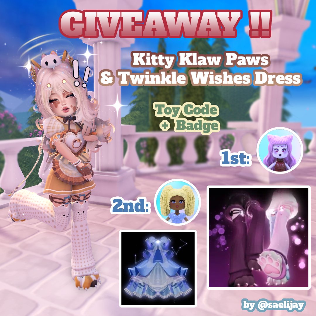 saelijay's tweet photo. hey guys! since i got a few extra mystery friends toy codes i decided to do a quick giveaway here too‼️
 
2 winners!!

🥇kitty klaw paws (carmilla code)
🥈twinkle wishes dress (melody code)

— comment your roblox username to enter 🪽

ends: june 15th!
good luck !! 🌱 https://t.co/OIIlwcsFgS