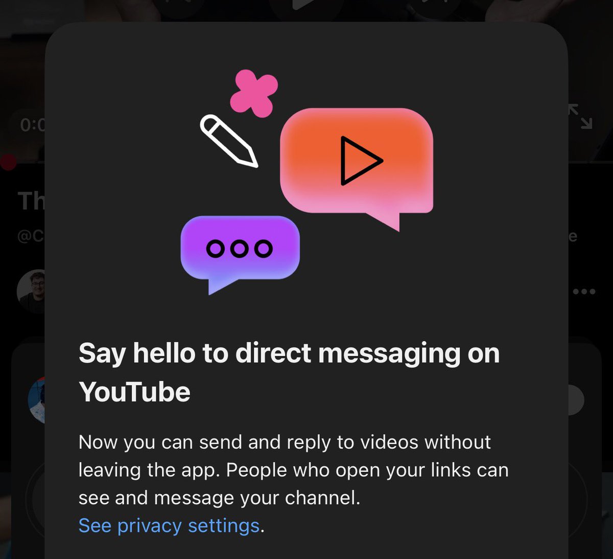 mws's tweet photo. YouTube is bringing DMs back

They’ll work similar to IG &amp; TikTok:

- Tap Share on any Video/Short

- Send it to a friend (they get a request)

- When they accept, a DM convo starts

It’s pretty clean! I’m curious how much people will use it instead of copy/pasting links https://t.co/P83ho9dirw