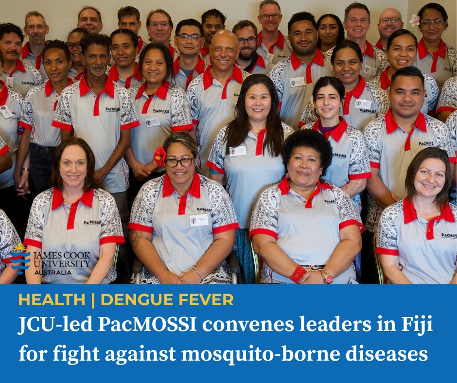jcu's tweet photo. The JCU-led Pacmossi consortium welcomed over 40 mosquito scientists and Pacific Island health officials gathered to Nadi, Fiji this week, against a backdrop of the Pacific’s most severe dengue season in recent memory. 🦟⚕️👩‍⚕️

Read the full story here https://t.co/hZeSHaFP81 https://t.co/n0zygC7S5s