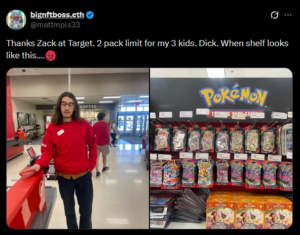 powdrtcg's tweet photo. Aint you the loser that yelled at then posted about a Target employee for following directions when it comes to TCGs? https://t.co/jKZYgHwj80