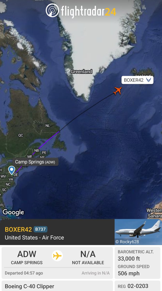 Borrowed7Time's tweet photo. USAF C-40 Clipper 02-0203 #AE11FA as BOXER42 out of JB Andrews, approaching Iceland.
@sipjack1776 @LadyAstroJet https://t.co/eRKtUHPqX1