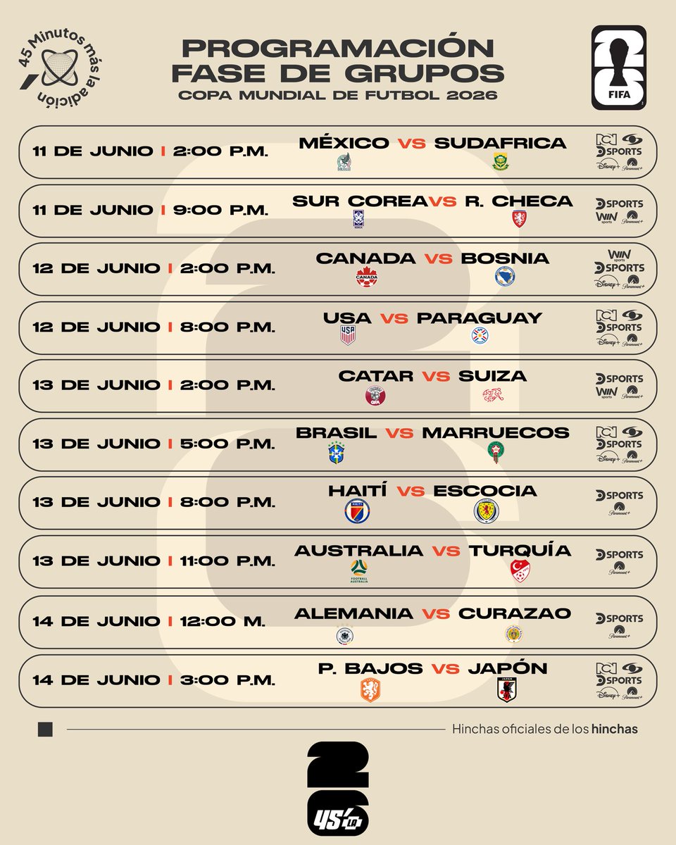 45mmla's tweet photo. 🗓️ PROGRAMACIÓN DEL MUNDIAL #FifaWordCup 2026 ⚽️ 1/2

Día, hora y por dónde ver todos los partidos de la fase de grupos. 

#45MMLAesMundial 🌎 https://t.co/MUQxY3tGeN