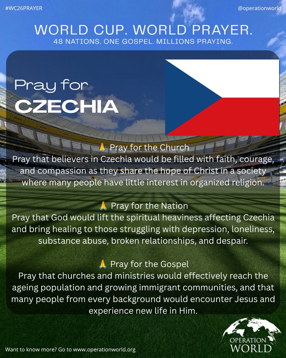 operationworld's tweet photo. A few hours 'til kickoff for Czech Republic vs South Korea! Take 5 minutes to pray for the Czech Republic. Our prayers can make a difference in the battle for the ultimate prize of salvation during this World Cup. #WC26Prayer #FIFAWorldCup https://t.co/fyX09rBZIq