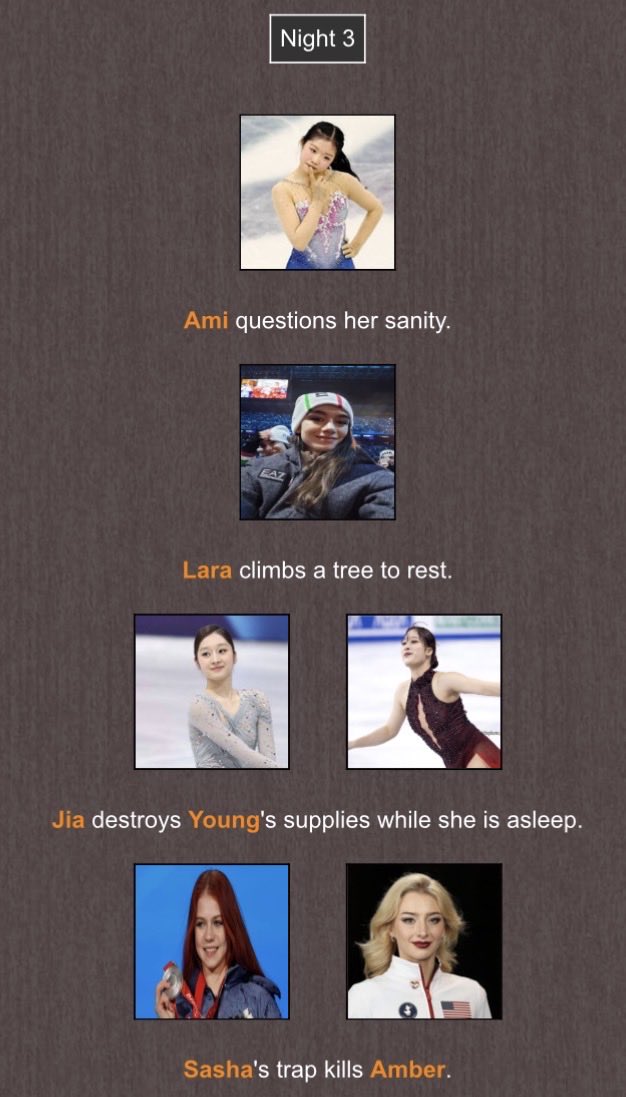 fl0pnia's tweet photo. night 3….
sasha’s trap kills amber and @loopturnt is now plotting against jia for stealing from young https://t.co/oBvpDJEuWo