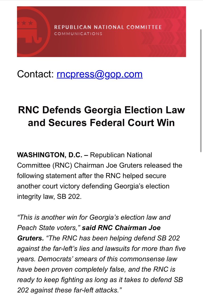 RNCVoteProtect's tweet photo. 🚨 BREAKING 🚨 

The RNC just secured ANOTHER court victory defending Georgia’s election integrity law. More below ⬇️ https://t.co/eK7o8R6Cgv