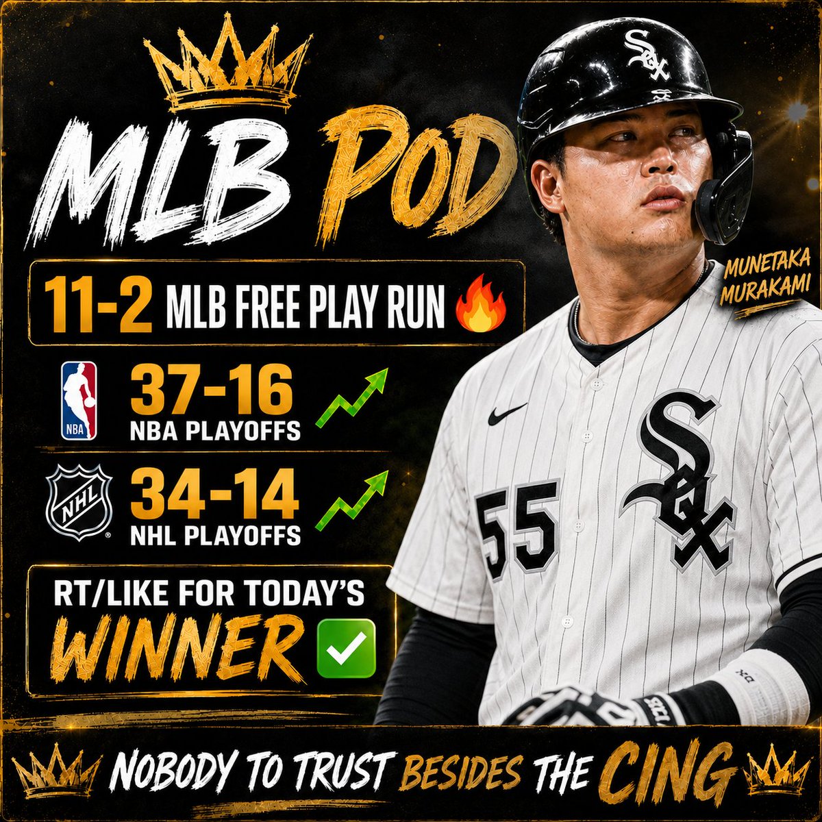 CashCing's tweet photo. RT/LIKE for MLB POD 👑

$100 per bet is up 8,400 the last 5 weeks 💰 

Sending Todays POD to ALL that RT/LIKE ⬇️ https://t.co/SrydTZCrnc