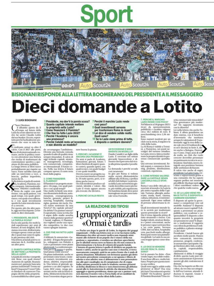 natainfastidita's tweet photo. Bisignani non contesta il salvataggio della Lazio. Contesta ciò che non è arrivato dopo. Dieci domande, una sola accusa: aver trasformato un grande club in una società che difende il presente invece di conquistare il futuro. Perché nel calcio i bilanci fanno sopravvivere, le ambizioni fanno vincere. #Lazio 

La contestazione non è contro la #Lazio, ma nasce dall’amore per questi colori. Per questo, oggi più che mai, servono umiltà, ascolto, dialogo e fatti concreti per ricostruire un rapporto di fiducia tra società e tifoseria. @tempoweb 
Maddeche? Ormai è tardi. #LotitoOut