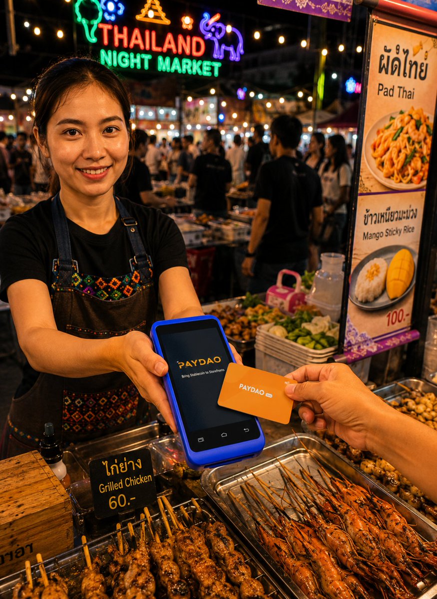 _paydao's tweet photo. Thailand welcomes nearly 40 million visitors every year, yet one of the first things most travelers do after landing is look for a currency exchange counter.

Not because they want to. Because that's how payments still work.

Imagine a different experience.

You land in Bangkok, grab lunch at a street food market, stop by a 7-Eleven for a drink, take a ride across the city, and end the night at a local night market. Every merchant accepts stablecoin payments through a PAYDAO POS Terminal, and every payment feels as simple as tapping a card.

The customer doesn't think about blockchains. The merchant doesn't think about settlement. Both sides simply complete a transaction and move on with their day.

That's the opportunity stablecoins create when they move beyond exchanges and into everyday commerce.

From stablecoins to storefronts.
