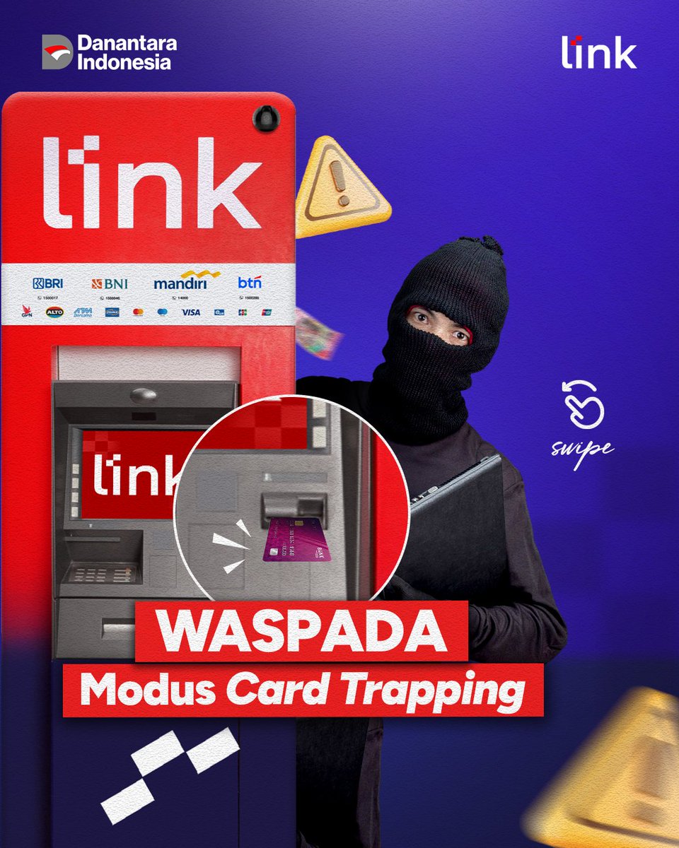 atmlinkofficial's tweet photo. ⚠️ Kenali Modus Card Trapping

Card trapping merupakan salah satu bentuk kejahatan perbankan yang perlu diwaspadai oleh seluruh nasabah.

Lindungi diri dengan mengenali modusnya sejak dini.

#ATMLink #ATMLinkUntukSemua https://t.co/q3FF2hJUCl
