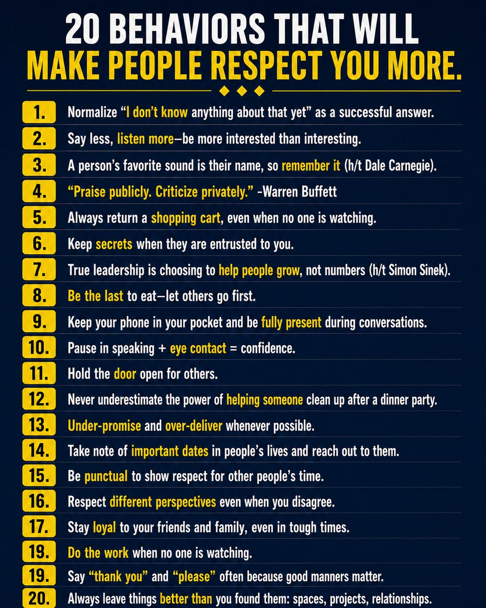 AspirantsBooks's tweet photo. 20 Behaviors that will make people respect you more. https://t.co/nfd2VdRtyH