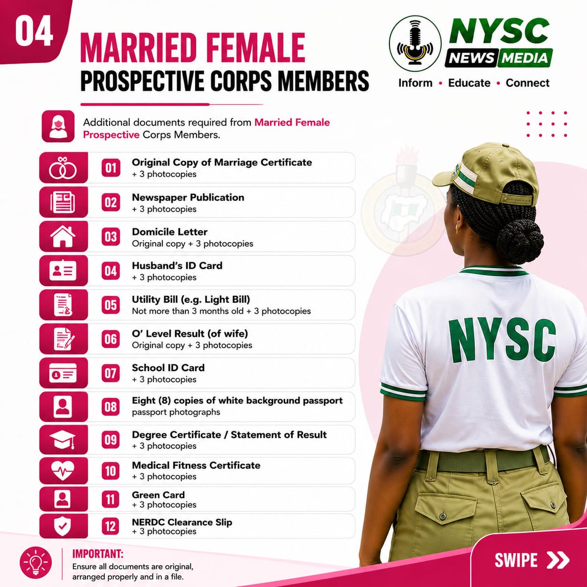 NYSCnewsmedia's tweet photo. 2026 Batch B & C PCMs
Before leaving for camp, make sure you have all the required documents for registration.
This guide covers:
โ
Single PCMs
โ
Married Female PCMs
โ
Foreign-Trained PCMs
Save this post and share with fellow PCMs.
#NYSC #NYSC2026 #BatchB2026 #BatchC2026 https://t.co/iu0JD7F83D