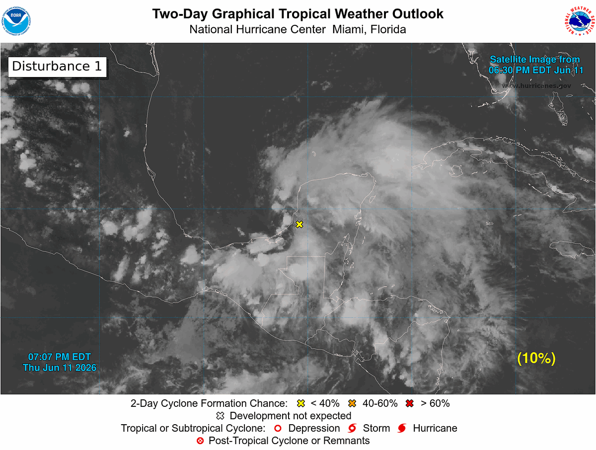 NHC_Atlantic's tweet photo. 8pm EDT 11 Jun -- We are continuing to monitor the Bay of Campeche where a broad area of low pressure is likely to form on Friday. The system still only has a low chance (10%🟡) to become a tropical cyclone before it moves inland over eastern Mexico by Sunday. 

Latest Outlook: https://t.co/ZByX9DM4UV