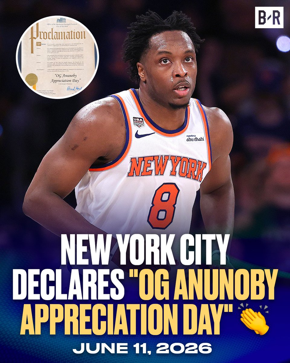 BleacherReport's tweet photo. New York City has declared June 11, 2026 as "OG Anunoby Appreciation Day" 🙌

Manhattan Borough President, Brad Hoylman-Sigal, shows love to OG after his Game 4 NBA Finals performance in the Knicks’ win 🔥

(via @bradhoylman) https://t.co/7SyjeVfLPo