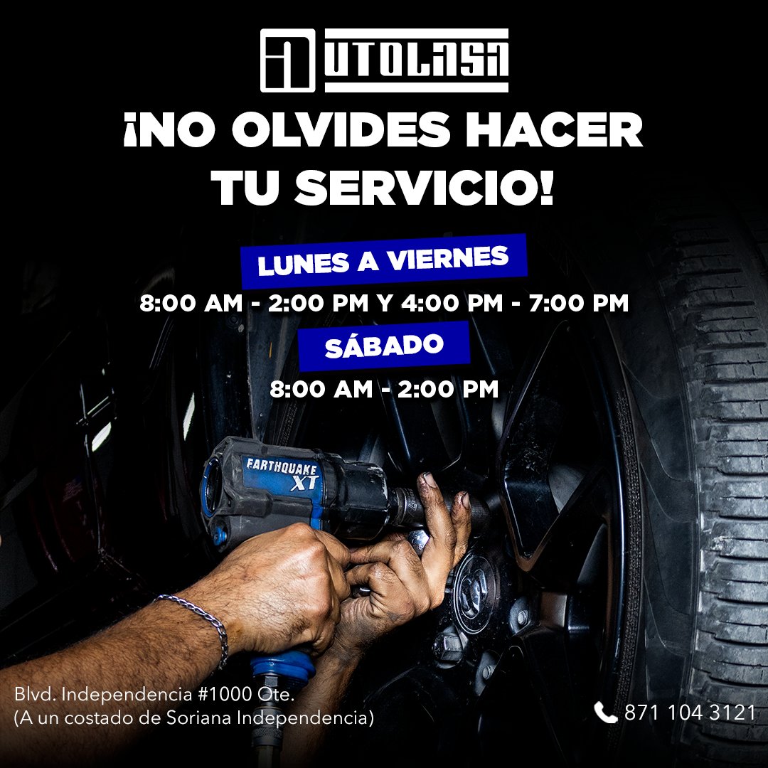 AutolasaLaguna's tweet photo. ¡No dejes pasar el mantenimiento de tu auto!

En Autolasa contamos con horarios pensados para ti, para que mantengas tu vehículo en las mejores condiciones sin afectar tu rutina.

📍 Blvd. Independencia #1000 Ote. 
📲 Agenda tu cita al 871 104 3121 https://t.co/Tc3zEsjzYL