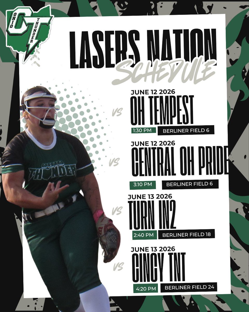 OhioThunder08's tweet photo. OH Thunder will be at Lasers Nation starting tomorrow June 12th. Come check this team of athletes out. @addyjarvis @Ash_Goodwin24 @DubC_Softball @strike3_next @UFOilerSoftball @CoachBuffUD @SoftballRio @CWRU_Softball @IUINDY_SBALL @ZipsSB @KentStSoftball @AWade_softball https://t.co/oslbmbxbT5