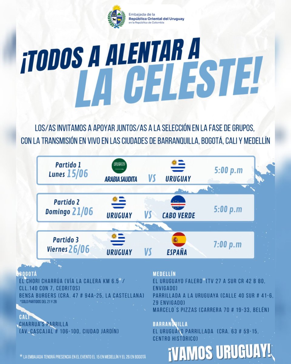 UruguayenCol's tweet photo. 👕⚽️ ¡A la Celeste la alentamos en todas partes!

🔆 Empieza una nueva ilusión mundialista y como en cada instancia a la Celeste la apoyamos en cada rincón.

Desde @UruguayenCol🇺🇾🇨🇴 compartimos lugares donde poder ver a @Uruguay en Colombia.

¡Vamo arriba la Celeste!
🇺🇾⚽️💪 https://t.co/o8g6E8Qjtc