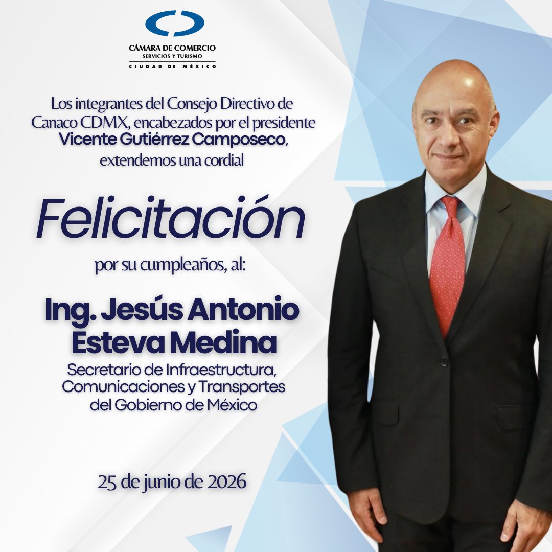 CANACOMexico's tweet photo. Los integrantes del Consejo Directivo de la #CanacoCDMX, encabezados por @V_Camposeco, extendemos una cordial felicitación por su cumpleaños al Ing. Jesús Antonio Esteva Medina, Secretario de Infraestructura, Comunicaciones y Transportes del Gobierno de México. https://t.co/kpVrPAs3Wt