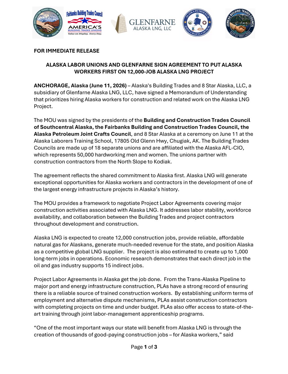 AKAFLCIO's tweet photo. BREAKING NEWS 📰

Earlier today, Alaska's Building Trades Councils and 8 Star Alaska, LLC, a subsidiary of Glenfarne Alaska LNG, LLC, signed a Memorandum of Understanding that prioritizes hiring Alaska workers for construction and related work on the Alaska LNG Project. https://t.co/UUXonHWcfG
