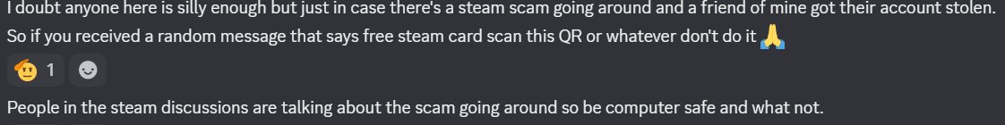 DoodleHetch's tweet photo. Saw this in a server and wanted to share this out to those who use STEAM and to be careful out there with scams going around about "Free Steam Cards" with a QR code scan.
Remember to not trust those DM's in anyway as they are likely trying to hack you and others with this scam. https://t.co/RhR7C2ohfJ