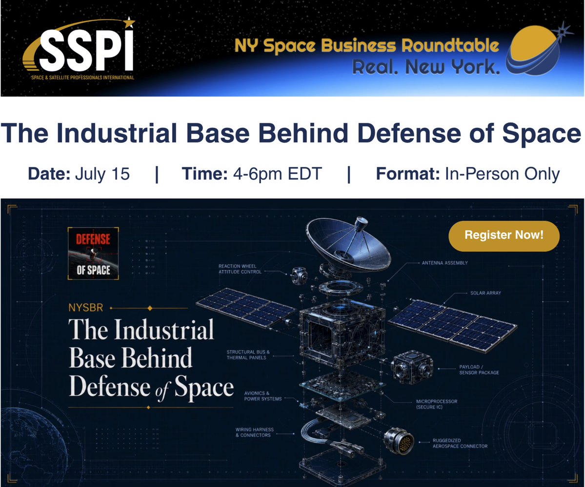 sspi's tweet photo. Registration is now open for the next New York Space Business Roundtable: The Industrial Base Behind Defense of Space

What: The Industrial Base Behind Defense of Space
When: Wednesday, July 15, 4:00–6:30 PM
Where: Milbank, Hudson Yards

Register here: https://t.co/WM81iEDwZf https://t.co/AxZphGgQ9l