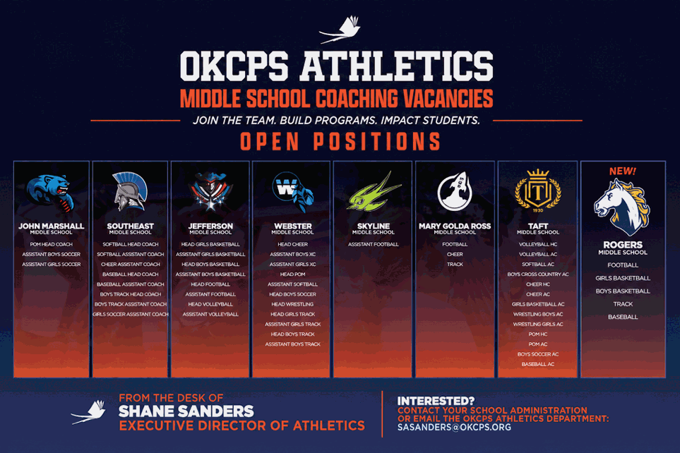 CoachJBlas's tweet photo. OKCPS coaching opportunities available for the upcoming school year.  Please reach out if interested! @OKCPS @OKCPS_Athletics
@edu_sanders70 
I am at Rogers MS, we also have teaching positions open! https://t.co/UPVGKZj7YR