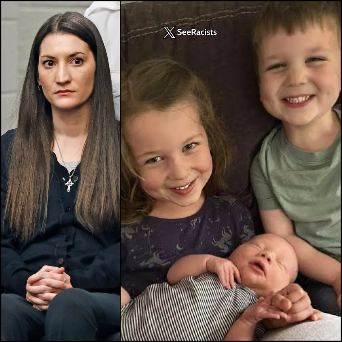 SeeRacists's tweet photo. ‼️HORRIFIC: Mom strangles her 3 kids to death with exercise band - sliced her own neck and wrists before jumping from a second-story window, leaving herself paralyzed. 

Lindsay Clancy is accused of killing her children Cora (5), Dawson (3), and 8-month-old Callan by strangling them with a common household exercise band at their Duxbury, Massachusetts home in January 2023.

She wanted to plead guilty to murder in exchange for life without parole but prosecutors told her hell no, we’re taking this to trial.

Another mother turns into a monster and destroys her own family in the most brutal way possible.

How does someone reach the point where they strangle their own babies with such cold, calculated cruelty?