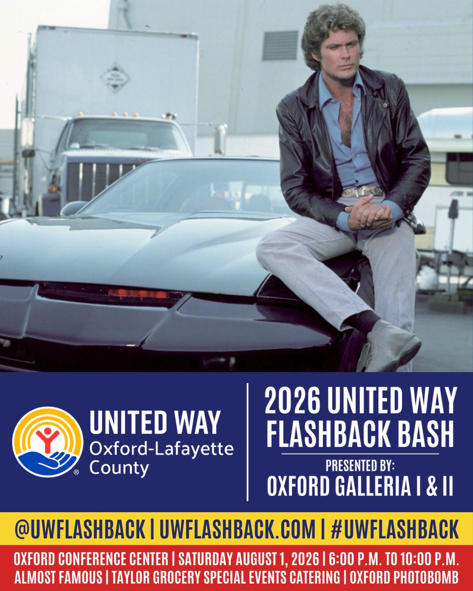 UWFlashback's tweet photo. Flash back for our community’s future! Come as you are, as you were, or however you want to be! 

2026 United Way Flashback Bash, Presented by Oxford Galleria I &amp; II 
Saturday, August 1, 2026 
6:00 p.m. to 10:00 p.m. 
https://t.co/3BsNSHiz66 

#UWFlashback #UWOxfordMS #TBT https://t.co/LZM4xBivSD