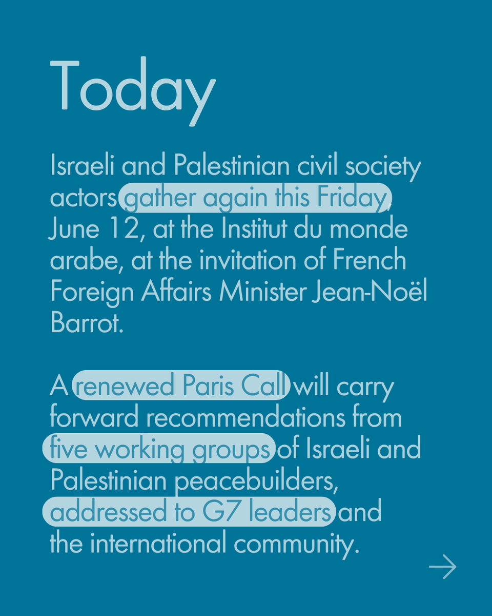 ParisPeaceForum's tweet photo. 🕊️One year after the #ParisCall conference, Israeli &amp; Palestinian civil society actors gather again in Paris today.
A renewed Call, shaped by peacebuilders, will bring concrete recommendations to #G7 leaders and the international community.

#2Peoples2States1Future @francediplo https://t.co/qvardBzgGy