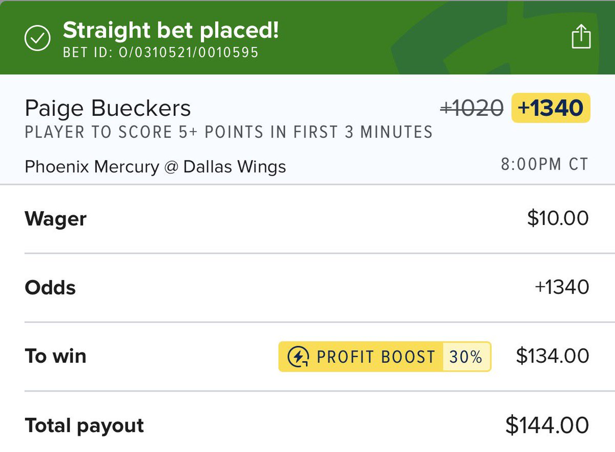 FirstBasketMan's tweet photo. If you’re looking to use your WNBA Boost on something tonight you can ride with me ⤵️
▫️Bueckers 5+ pts - First 3 Min +1340
She’s cashed this in 2 of her 11 games this season 👀
Data from https://t.co/9rSV1TfhTW
#FirstBasket #Fanduel #WNBA #QuickHits #PopularPlays https://t.co/ymGksiX7ir