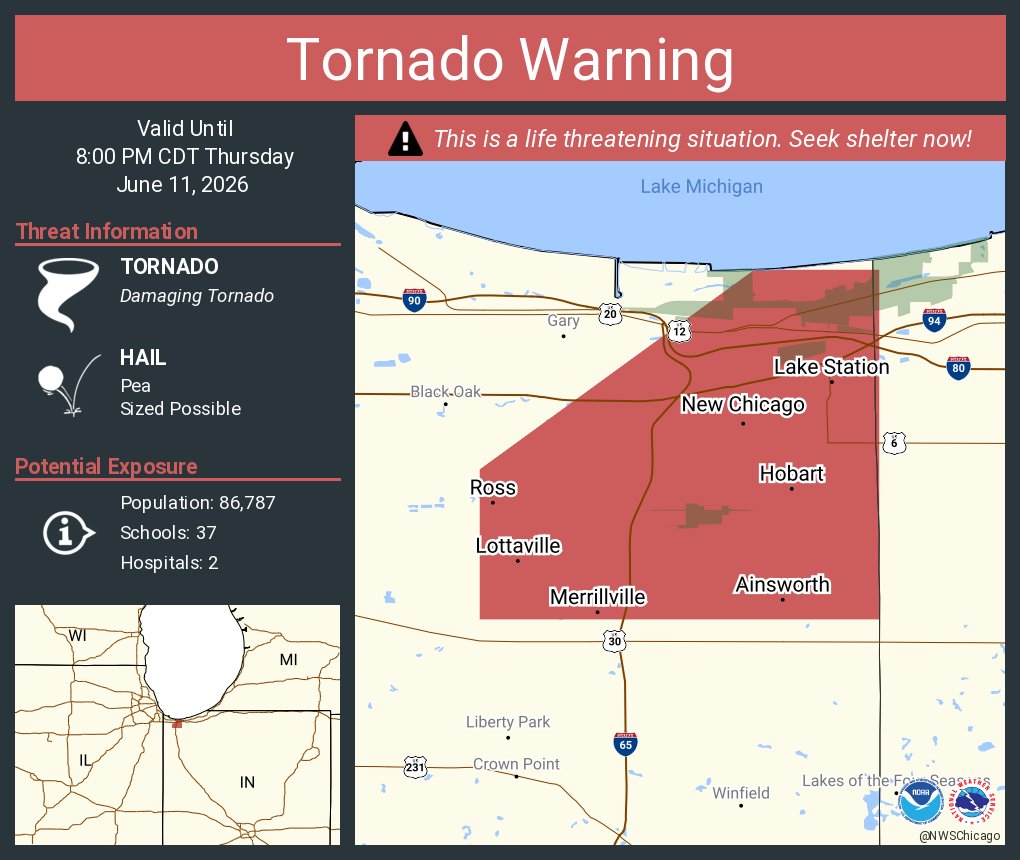 NWStornado's tweet photo. Tornado Warning continues for Merrillville IN, Hobart IN and  Lake Station IN until 8:00 PM CDT https://t.co/A1ekFmjLSr