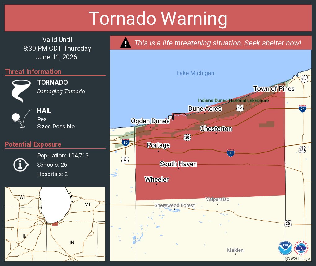 NWStornado's tweet photo. Tornado Warning including Portage IN, Chesterton IN and  South Haven IN until 8:30 PM CDT https://t.co/1GA65UcJXG