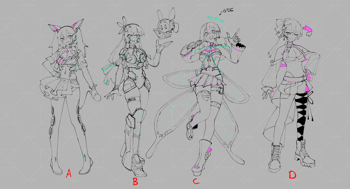 arkiniac's tweet photo. Here's some first concepts before landing on our final design! The keywords were fantasy, space, idol, reporter.

Main references I used were Phantasy Star Online, Maplestory, and Ulala from Space Channel 5! https://t.co/ZIoUqp7R0M