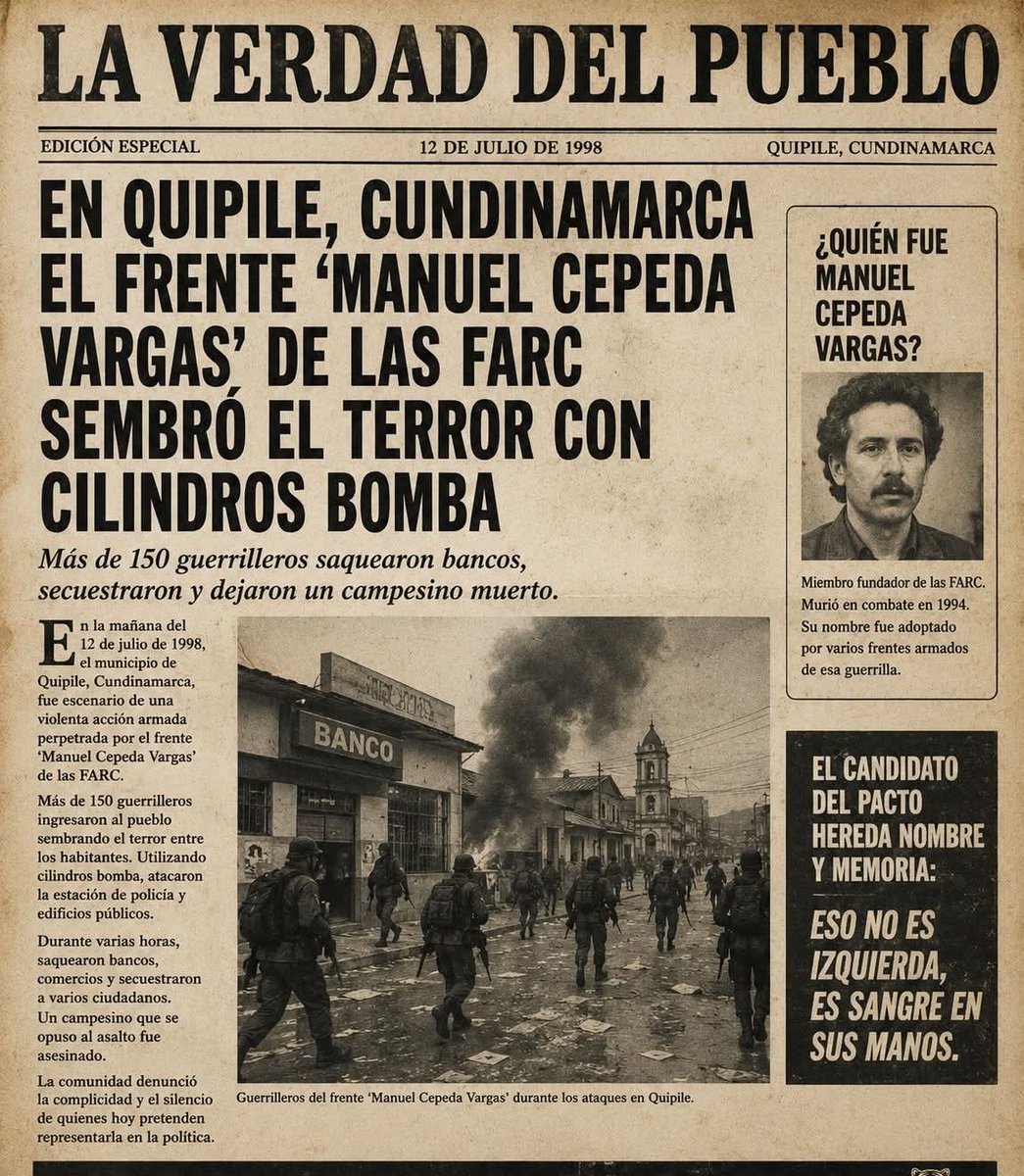 Mariano_OspinaP's tweet photo. 💣 #TerrorismoConApellido
En Quipile, el frente 'Manuel Cepeda Vargas' de las FARC sembró el terror con cilindros bomba. Más de 150 guerrilleros saquearon bancos, secuestraron y dejaron un campesino muerto. El candidato del Pacto hereda nombre y memoria: eso no es izquierda, es sangre en sus manos.
#NiUnVotoPorCepeda #UnidadOposición #AbelardoPresidente🐅