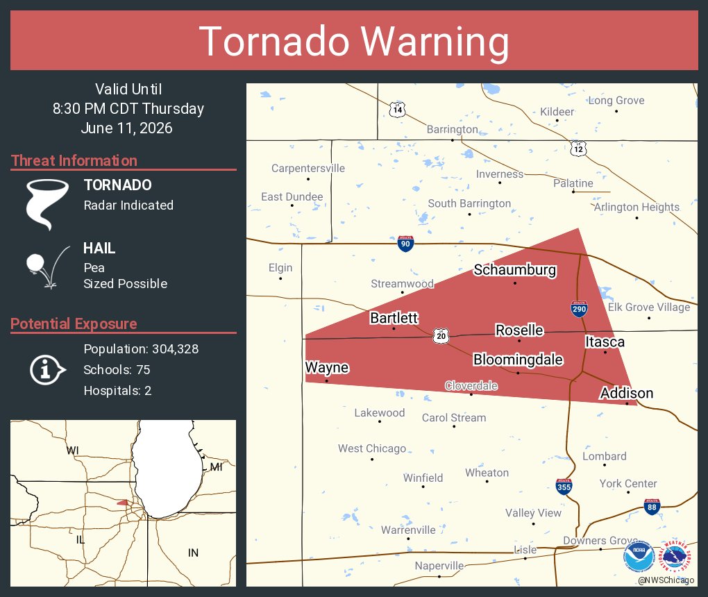 NWSChicago's tweet photo. Tornado Warning including Schaumburg IL, Hoffman Estates IL and  Bartlett IL until 8:30 PM CDT https://t.co/ixtrre0GCp
